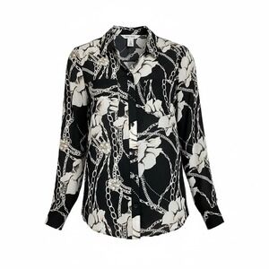White House Black Market Black Floral Chain Print Collared Button Front Blouse 6